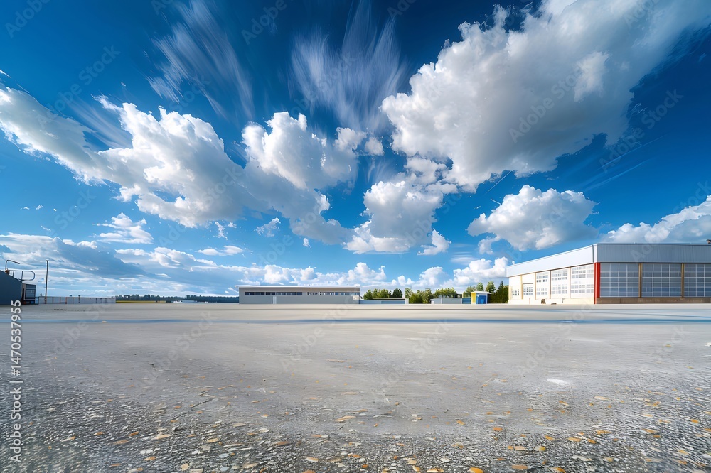 Poster 広大な空に白い雲が浮かぶ都市の風景とコンクリートの広場 産業的な景観