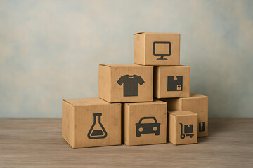 Minimalist Composition of Cardboard Boxes Featuring cons for Apparel, Electronics, Logistics, and Industry, Elegant Studio Layout