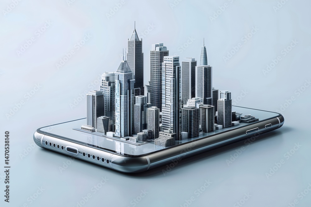 Poster スマートフォンの上に立つ銀色の高層ビル群 都市の未来的な3dモデルのコンセプトデザインと技術革新を表現