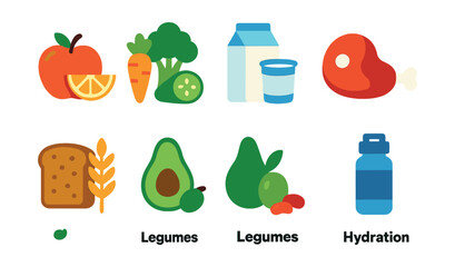 Flat vector icons of food groups for children: colorful fruits, mixed vegetables, dairy options, lean proteins, whole grains, healthy fats, legumes and beans, hydration bottle.