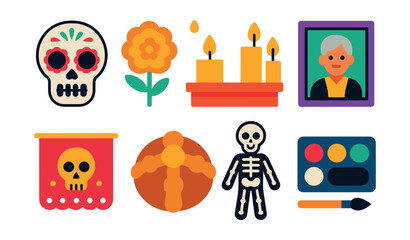 Flat vector icons of Day of the Dead (Día de los Muertos): sugar skull, marigold flower, altar with candles, photo frame of ancestors, papel picado banner, pan de muerto bread, skeleton costume, face