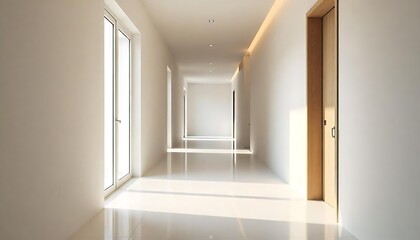Minimalist hallway with bright natural light and empty wall space in modern interior design, Empty hallway with wooden walls and natural light, created with generative ai