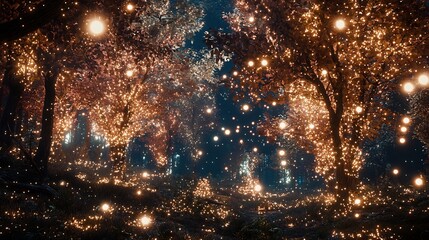 Mystical forest trees that have glowing leaves soft lights floating through the air cinematic dreamscape