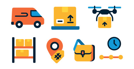 Flat vector icons of delivery and logistics: delivery van, shipping box with label, package on doorstep, drone delivery, warehouse shelves, tracking number icon, courier bag, delivery timeline chart.