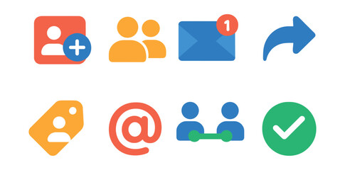 Flat vector icons of user interaction: friend request, followers tab, new message, reply icon, tag friend, mention symbol, connection request, check mark.