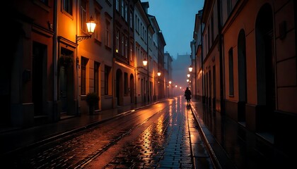 Fototapeta premium Rain-soaked cobblestone street illuminated by warm streetlights in a tranquil urban park at night, Evening rain on a cobblestone street illuminated by warm streetlights, created with generative ai