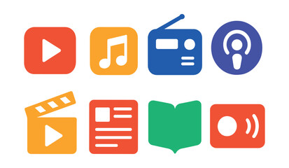 Flat vector icons of media platforms: video app, music app, radio station, podcast app, film platform, news aggregator, reading app, live stream.