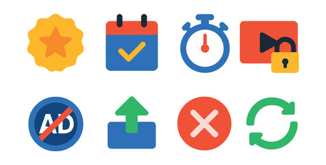 Flat vector icons of media subscriptions: premium badge, monthly plan, trial period, locked content, ad-free icon, upgrade arrow, cancel plan, renewal icon.
