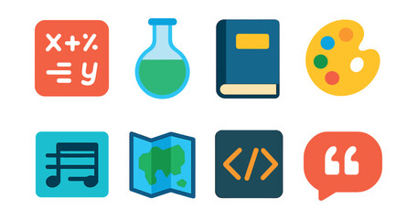 Flat vector icons of subjects and topics: math equations, chemistry beaker, literature book, art palette, music note sheet, geography map, coding brackets, language speech bubble.