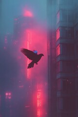 Bird flying city night fog neon lights cityscape