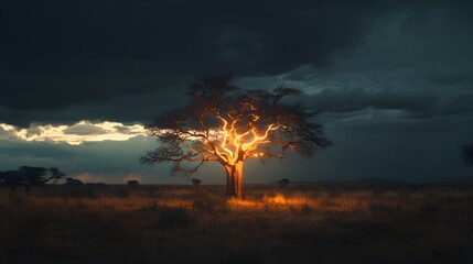 Dramatic landscape photography of a glowing tree at night with stormy sky