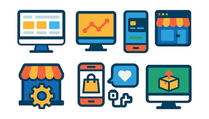 Flat vector icons of e-commerce platforms and tools: online store dashboard, analytics chart, product inventory grid, payment gateway screen, storefront customization icon, social commerce icon, app