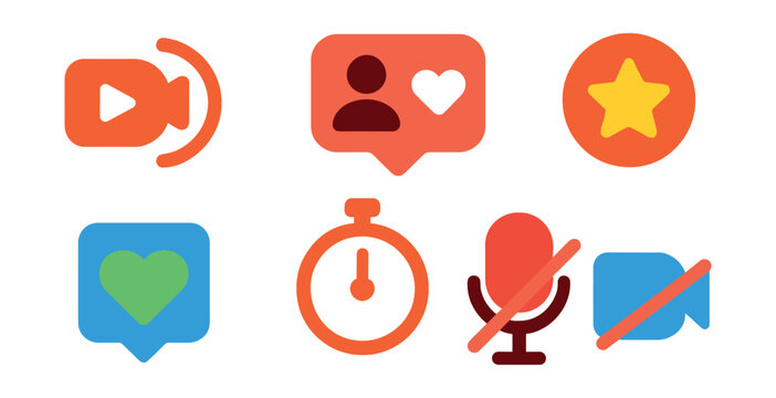 Flat vector icons of streaming tools: livestream icon, live viewer count, stream chat, subscription badge, donation icon, stream timer, mute mic, camera off.