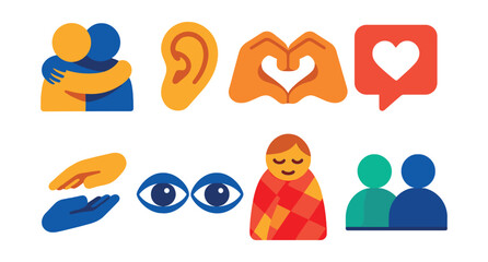 Flat vector icons of emotional support: hugging gesture, listening ear, heart hands, support message, helping hand, understanding eyes, warm blanket, shared silence.