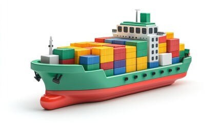 Cargo ship, ocean freight, global trade, colorful containers, white background, logistics illustration