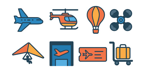 Flat vector icons of air transport: airplane, helicopter, hot air balloon, drone, hang glider, airport gate, boarding pass, luggage cart.