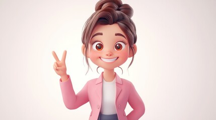 Cheerful cartoon woman, peace sign, studio, white background, avatar