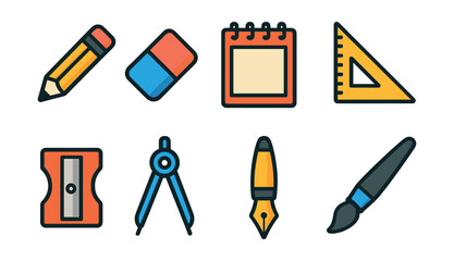 Flat vector icons of drawing tools: pencil, eraser, sketchpad, ruler, sharpener, drawing compass, ink pen, brush pen.