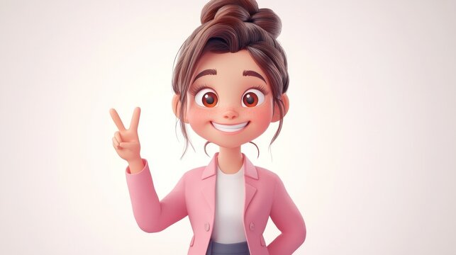 Cheerful cartoon woman, peace sign, studio, white background, avatar