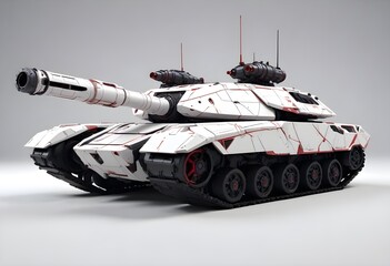 A futuristic massive angular black and red military tank