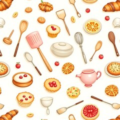 bakery pattern wallpaper or background featuring a assortment of fresh pastries and baking tools Generative AI 