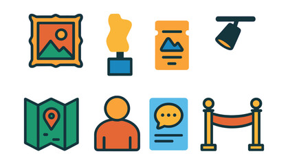 Flat vector icons of art exhibition: framed painting, sculpture stand, art ticket, gallery lamp, exhibition map, visitor icon, comment card, opening ribbon.