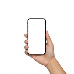 Hand holding smartphone with blank black screen.