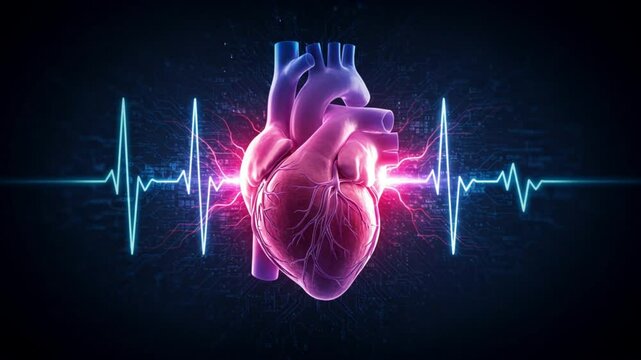 Heart thumping with visible energy surges that light up circuit-like veins  