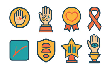 Flat vector icons of palmistry: palm lines diagram badge, hand with symbols trophy, heart line curve medal, life line loop ribbon, head line angle icon, mounts of palm badge, finger length chart star