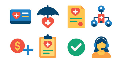 Flat vector icons of health insurance: insurance card, coverage umbrella, policy document, hospital network, co-pay icon, claim form, approval check, customer support.