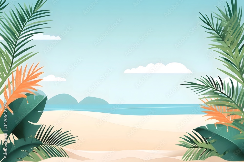 Poster 青い空の背景を持つトロピカルビーチの風景 ヤシの葉と明るい砂浜と静かな海が休暇の雰囲気を醸し出す ベクターイラスト