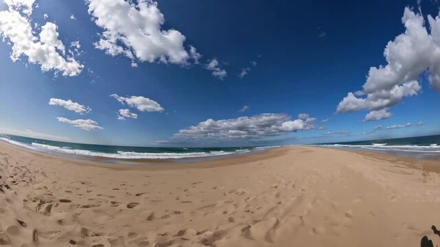 Serene coastal waves under blue skies with rolling clouds in motion