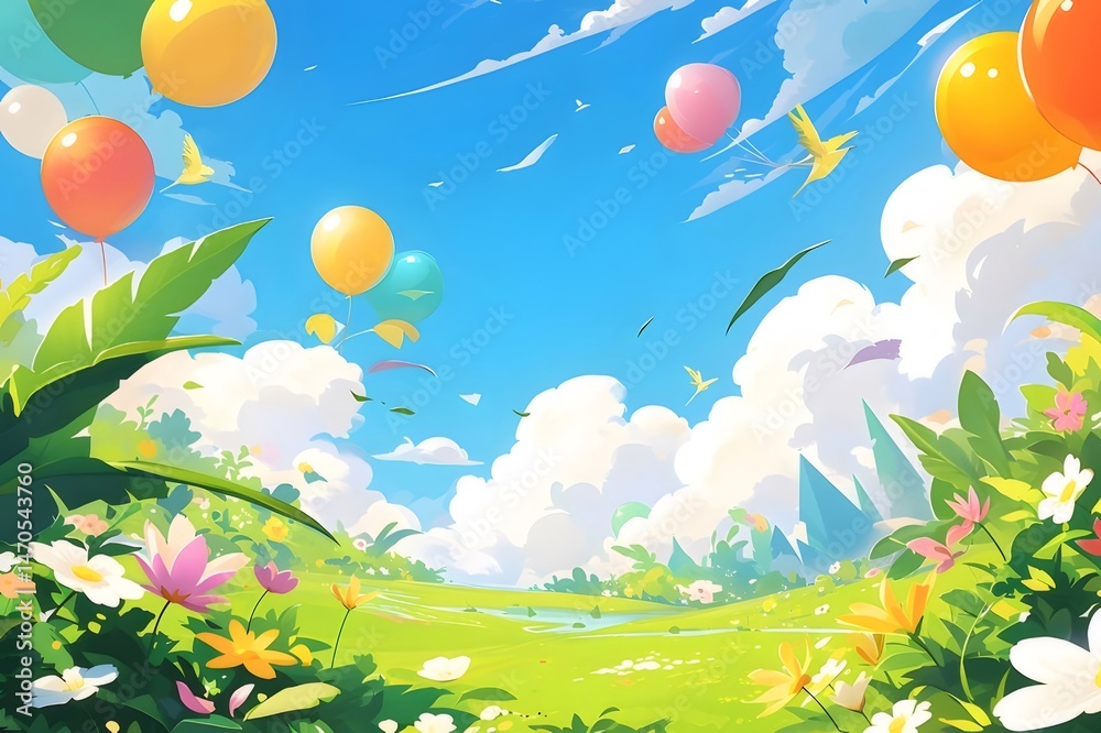 Aufkleber 明るい青空の下でカラフルな風船が浮かび 花が咲き誇る緑の楽園風景 イラスト風の牧歌的な雰囲気