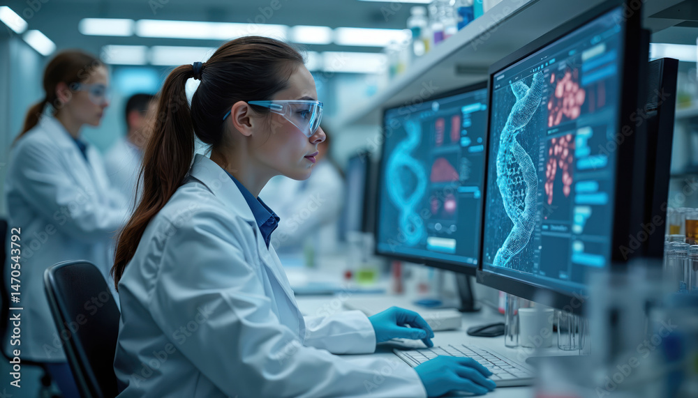 Poster female scientist working with computer in medical science lab. biotechnology team developing drugs, 
