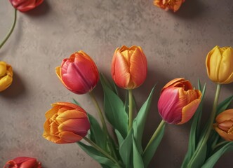 Close-up vibrant tulips, textured paper  Fresh spring blooms , tulips, texture