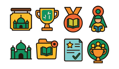 Flat vector icons of mosque education: madrasah signboard badge, Arabic alphabet chart trophy, Quran memorization medal, student with book ribbon, mosque school building icon, Islamic curriculum