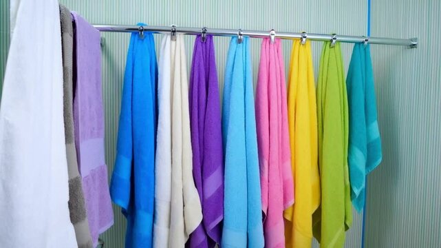 set of various stylish hanging bath towels in different colors
