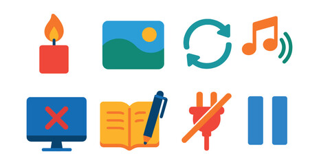Flat vector icons of mindful moments: candle flame, nature view, breathing circle, peaceful music, screen break, journal pen, unplug icon, pause symbol.