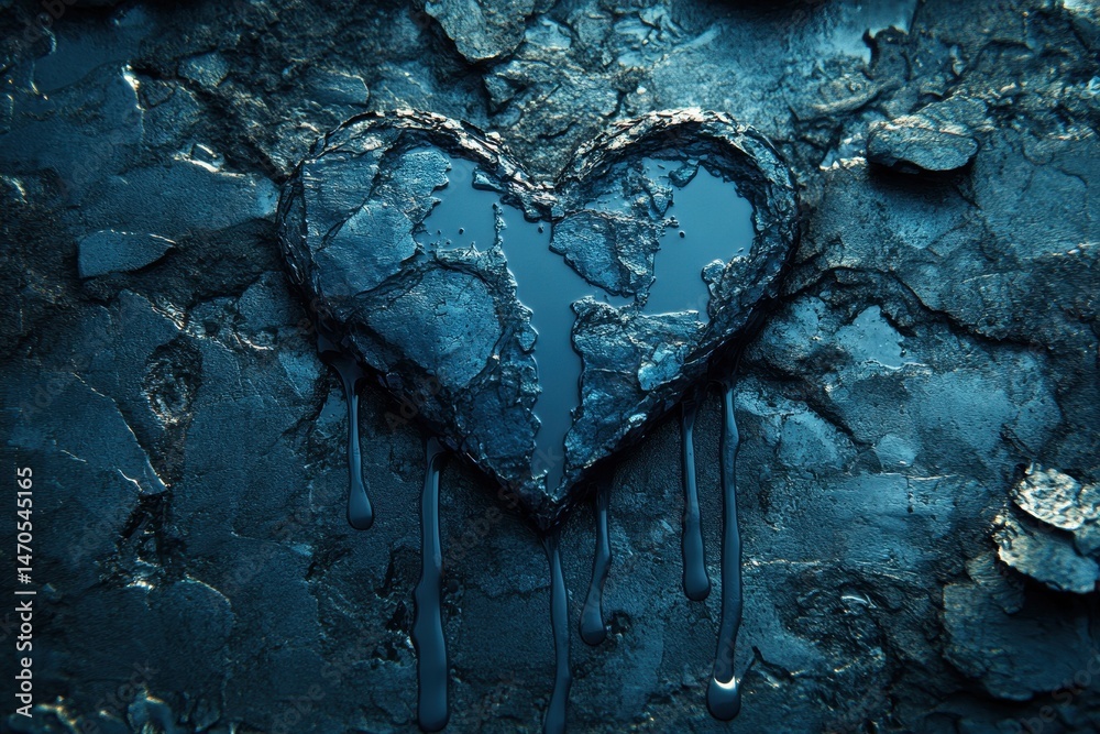 Poster Heart-shaped design made from textured dark material with paint drips on a rugged background captured in an artistic style