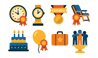 Flat vector icons of retirement parties: clock with ribbon badge, gift watch trophy, farewell banner medal, lounge chair ribbon, celebration cake icon, golden balloon badge, vacation suitcase star,