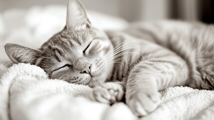 Sleepy tabby cat resting on soft blanket