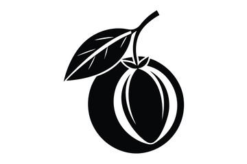 Dark citrus fruit with a leaf is showcased in an elegant monochrome representation on white