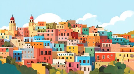 Fototapeta premium Colorful Hilltop Town with Sunny Day. (1)