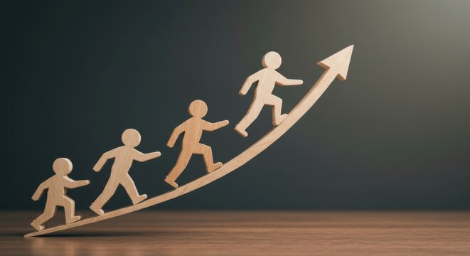 Ascending wooden figures on a chart reflect the continuous growth and adaptability in agile businesses.