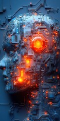 Obraz premium Detailed Machine Mind Profile with Glowing Components and Metallic Texture Emphasizing Technology Innovation and Progress