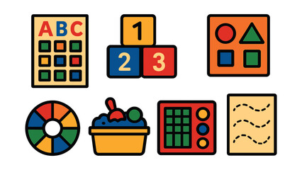 Flat vector icons of early education: alphabet chart, counting blocks, storybook, sorting shapes, color wheel, sensory bin, learning mat, tracing sheet.