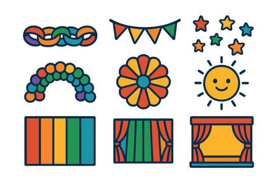 Flat vector icons of Children&rsquo;s Day decorations: paper chain garland, colorful flag banner, star confetti, rainbow balloon arch, flower paper fan, cartoon sun, party backdrop, stage with curtains.