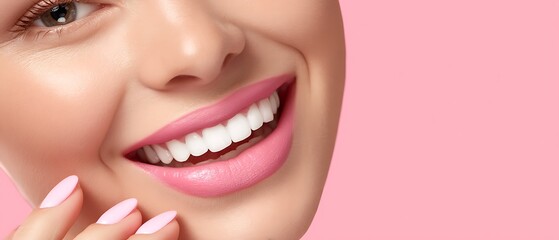 Obraz premium Beautiful woman with radiant smile and soft pink background