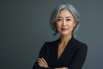 Stylish confident adult 50 years old Asian female psychologist standing arms crossed looking at camera at gray background. Portrait of sophisticated grey hair woman advertising products and