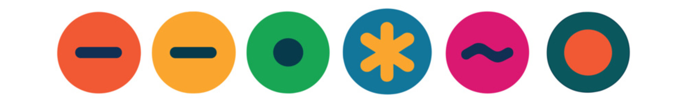 Flat vector icons of typographic punctuation: en dash (&ndash;), em dash (&mdash;), hyphen (-), bullet point (&bull;), asterisk (), tilde (~), underscore (_), degree symbol (&deg;).